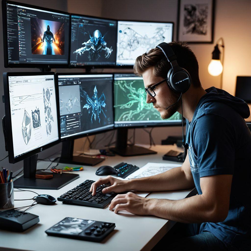 A dynamic scene featuring a gamer at a computer, deeply focused on designing a game interface. Surround the desk with sketches, code snippets, and game assets, illustrating the transition from player to creator. Incorporate a split-screen effect, showing the game on one side and the design process on the other. Include vibrant colors to evoke excitement and creativity. super-realistic. vibrant colors. white background.