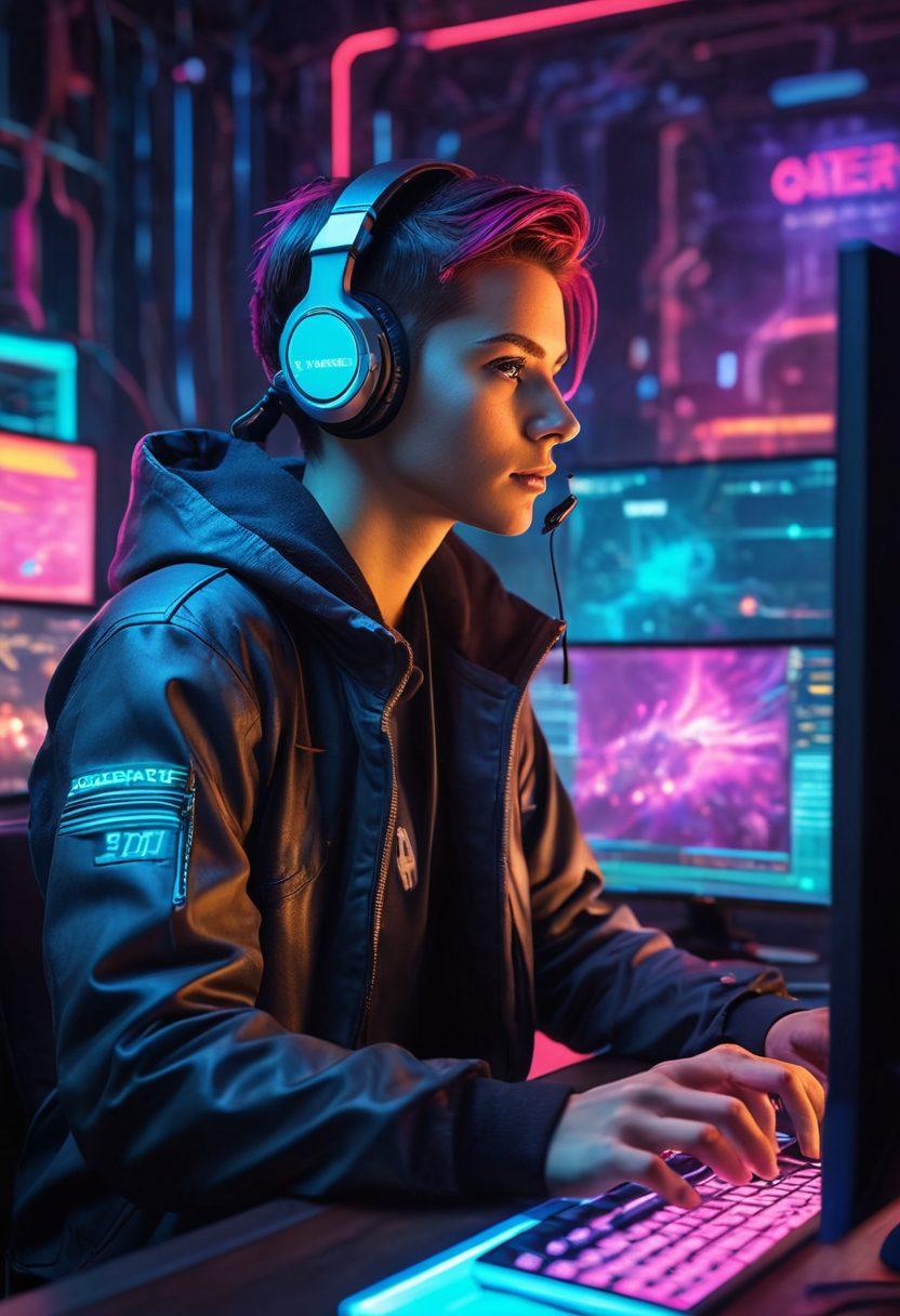 A vibrant, dynamic scene illustrating a gamer leveling up in a digital realm, surrounded by web development code and design elements like color palettes and wireframes. The gamer, with a futuristic gaming headset, is virtual coding on a holographic screen while fantastical game worlds blend in the background. Bold colors and a sense of motion enhance the excitement of skill development. cyberpunk. vibrant colors. 3D.