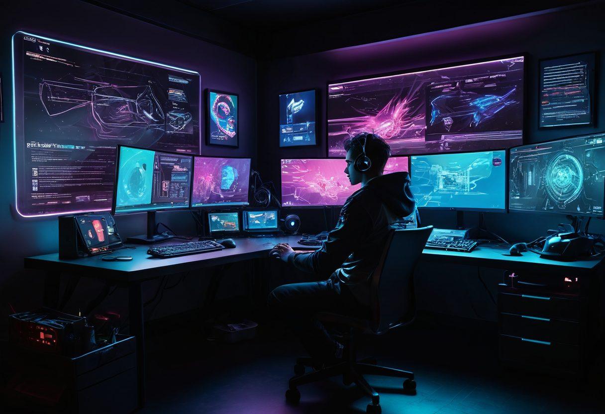 A futuristic gamer seated at a sleek, illuminated desk, multitasking on dual monitors showcasing vibrant coding interfaces and game designs. The background is adorned with digital assets like 3D models and pixel art, alongside gaming memorabilia. The room is dimly lit with neon accents, creating an immersive digital atmosphere. Include subtle references to web development tools like HTML and CSS code snippets floating in the air. digital art. cyberpunk. vibrant colors.